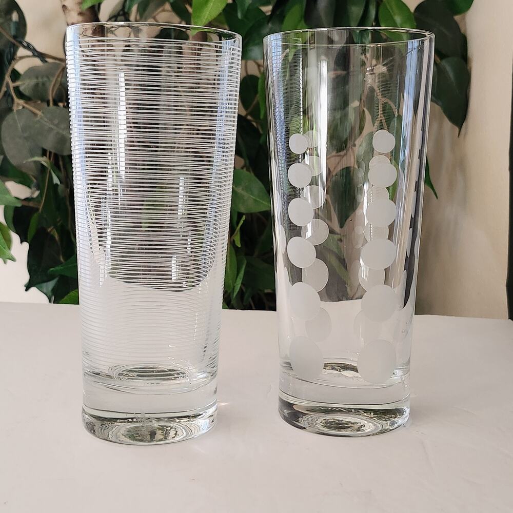 Vtg 2 Mikasa Cheers Highball Etched Glasses Pin Stripes & Dots New Y2K